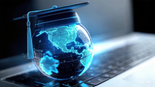 A digital globe displays educational themes while a graduation cap rests on a laptop keyboard. This setup highlights the importance of global connectivity in learning