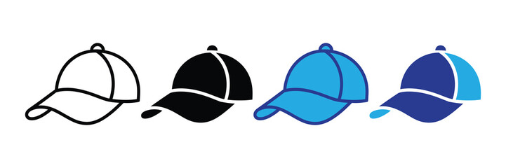 Collection of baseball cap icons in outline, solid black, light blue, and dark blue, isolated on white, representing headwear style variations.