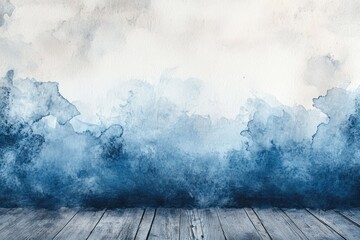 Abstract watercolor background featuring a dynamic blue gradient on textured paper above weathered wooden planks, creating an artistic, rustic empty room setting.