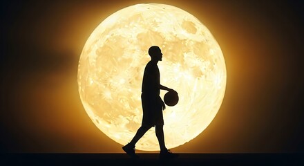 Silhouette of a Basketball Player Walking with a Ball Against a Large Moon Backdrop