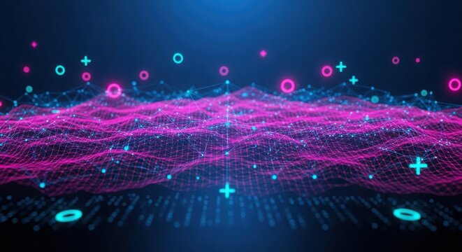 A futuristic digital landscape with glowing pink and blue geometric patterns and floating binary code symbols against a dark blue background.