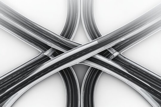 A mesmerizing aerial view of an intricate multi-level highway interchange, showcasing modern infrastructure design with intersecting roads and graceful curves against a clean, minimalist backdrop.
