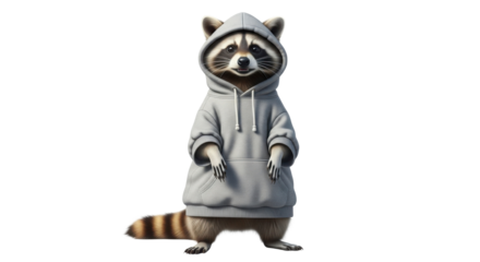 Cartoon raccoon wearing gray hoodie isolated PNG with Transparent Background