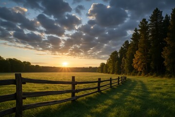 Fototapeta premium Peaceful rural landscape with wooden fence and dramatic sunset sky over green field and forest edge in warm evening light. Ai generative. Ai generative