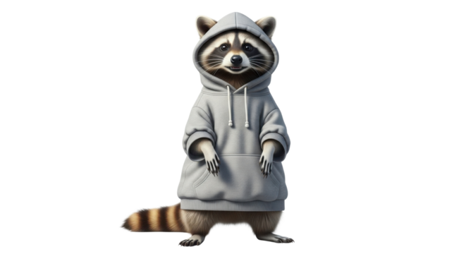 Cartoon raccoon wearing gray hoodie isolated PNG with Transparent Background