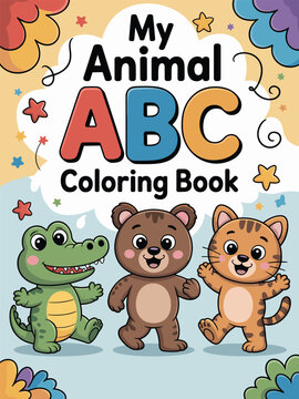 Cute Animal ABC Coloring Book Cover Illustration. Colorful Alphabet Coloring Book with Cartoon Animals.