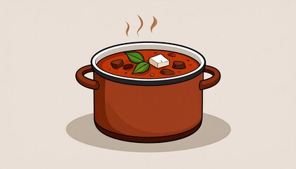 A hearty stew simmering in a copper pot, garnished with basil and a square of cheese, steam rising gently