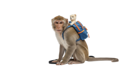 Monkey with teddy bear in backpack isolated PNG with Transparent Background