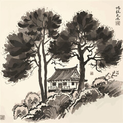Ink painting of a small house beneath large trees. Traditional oriental ink painting sumi-e, u-sin, go-hua. Translation of hieroglyph - perfection.