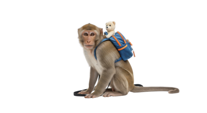 Monkey with teddy bear in backpack isolated PNG with Transparent Background