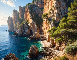 Coastal scene displays dramatic cliffs meeting the ocean. Turquoise water laps at a secluded beach framed by rocky formations and vibrant foliage