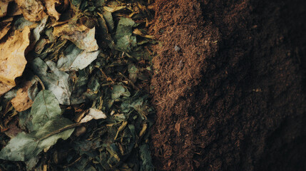 Obraz premium Aerial perspective showcasing a forest floor with leaves and dark soil in natural light setting