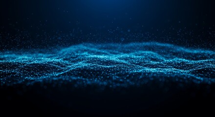 A mesmerizing abstract visualization of glowing blue particles forming undulating waves against a dark, deep blue background, suggesting digital energy