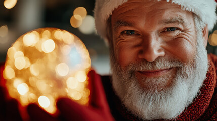 A cheerful Santa Claus displaying a vibrant snow globe filled with twinkling lights, symbolizing the joyous spirit and magical essence of Christmas celebrations.