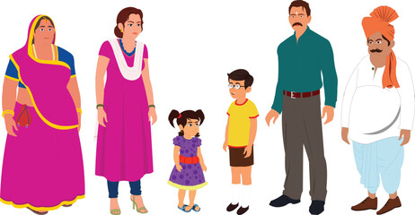 Indian Family mom dad boy girl grandfather grandmother illustration animation ready