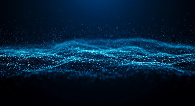 A mesmerizing abstract visualization of glowing blue particles forming undulating waves against a dark, deep blue background, suggesting digital energy