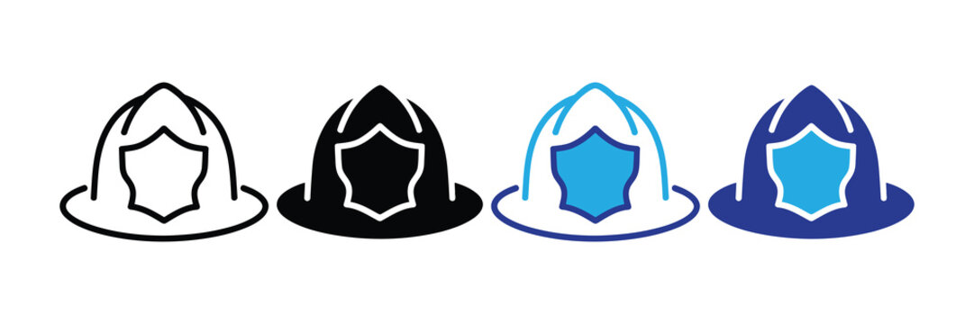 Set of four distinct firefighter helmet icons: line art, solid fill, outline with blue accents, and fully colored blue, symbolizing safety and protection.