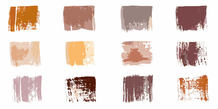 Collection of twelve abstract paint brush stroke swatches in earthy tones and muted colors