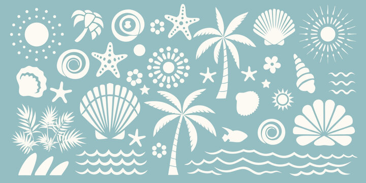 Collection of white tropical beach and ocean icons on a light blue background