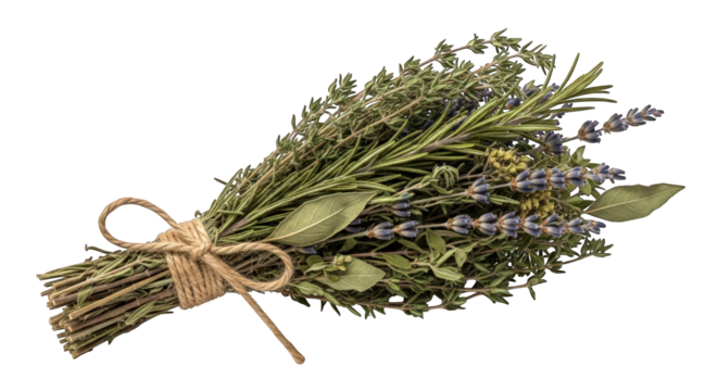 Herb bundle tied with twine against the transparent background