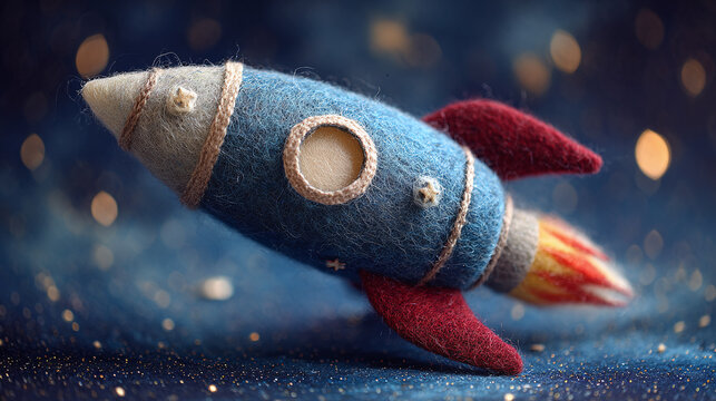 A whimsical rocket soaring through a starry night sky, fueled by a fiery trail, sparking imagination and wonder. The rocket appears to be made of craft material