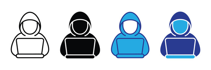 Hacker icon set with laptop computer in line art and solid fill styles, representing cybersecurity and online threat concepts.