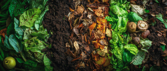Overhead view of composting materials with leaves, food scraps, and garden waste mixed together