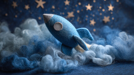 A whimsical rocket soaring through a starry night, surrounded by fluffy clouds