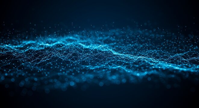 Abstract blue glowing digital network of particles and lines, representing data flow and connectivity in a futuristic digital space