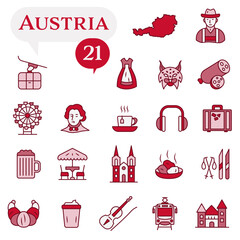 A set of red and white icons dedicated to life in Austria.