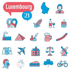 A set of icons in blue and red, dedicated to life in Luxembourg.