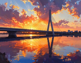 A vibrant sunset casts golden hues over a cable-stayed bridge, mirroring in the calm water with the city in the distance