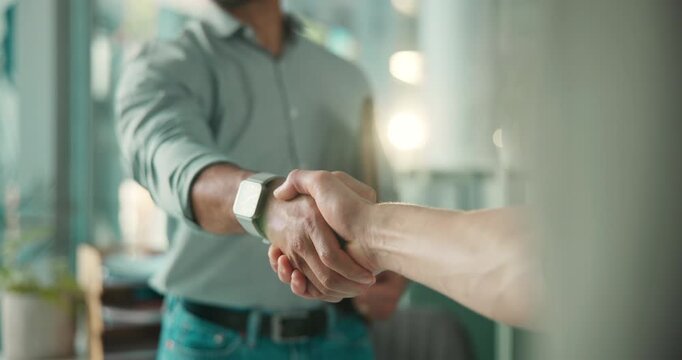 Handshake, recruitment and interview at office with onboarding, hiring process or thanks at job. People, HR manager and shaking hands for employee, success or congratulations with agreement at agency