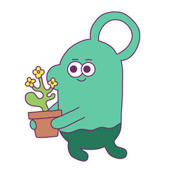 Cute Green Cartoon Character Holding Potted Cactus Plant Illustration