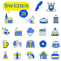 A set of icons in blue and yellow colors dedicated to life in Sweden.