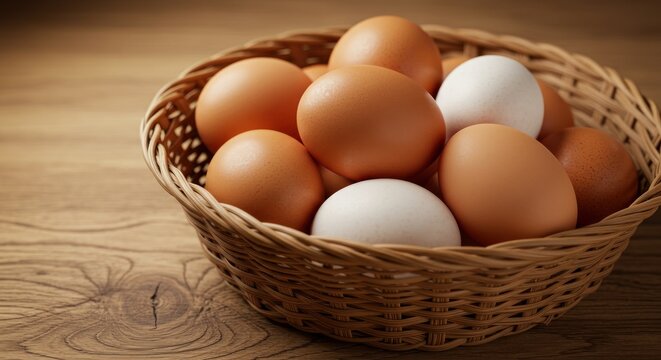 Brown and white eggs in rustic bowl