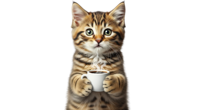 Cute tabby kitten holding a coffee cup isolated PNG with Transparent Background - Powered by Adobe