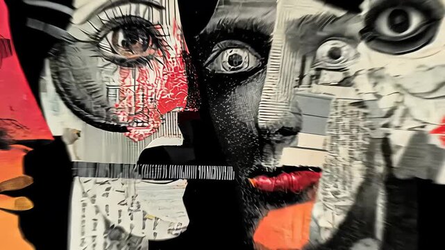 Abstract Expressionism Collage of Faces: Dynamic and Colorful Portrait in Mixed Media Art with Surreal and Vintage Textures
