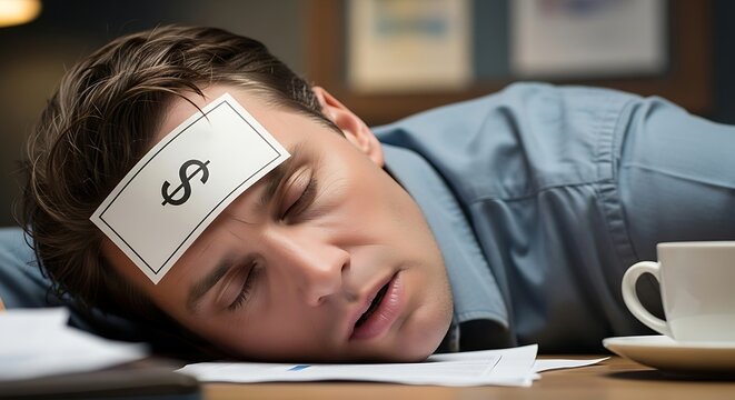 Exhausted man feeling the pressure of a financial crisis, overwhelmed by paperwork and a loan due reminder notice - Powered by Adobe