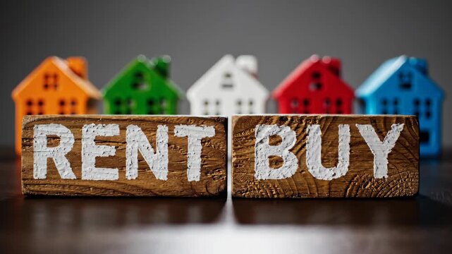 Wooden blocks with white text Rent and Buy sit in front of colorful miniature houses representing the difficult real estate decision and financial choice for property ownership