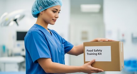 A healthcare professional in a sterile environment holding a food safety training kit for hygiene compliance
