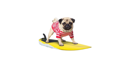 Pug dog wearing shirt surfing on yellow surfboard isolated PNG with Transparent Background