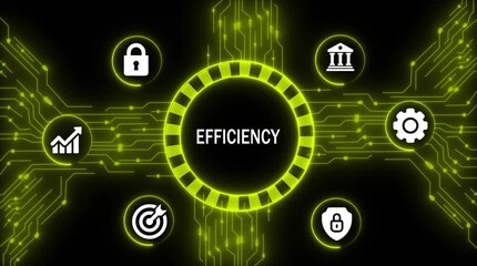 Digital efficiency concept with glowing circuit board and business icons representing growth security targets and operations optimization