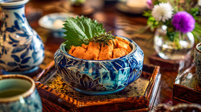 Luxurious sea urchin uni sashimi served in ornate blue ceramic bowl with shiso leaves and nori garnish on wooden tray in traditional Japanese kaiseki restaurant setting - Powered by Adobe