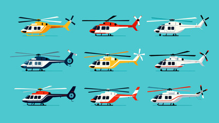 A collection of various styles of helicopters, with cartoon hand-drawn vector illustrations