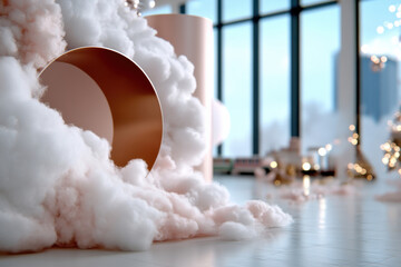 A stylishly crafted cloud structure frames a golden circle, creating a dreamy aesthetic perfect for a modern holiday space with a focus on luxury and whimsy.