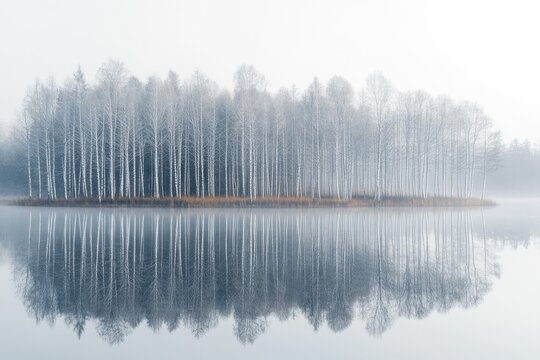 A serene, misty landscape featuring a striking line of bare birch trees perfectly reflected in calm, fog-shrouded water.