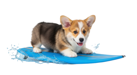 Happy Pembroke Welsh Corgi puppy dog surfing on a blue surfboard isolated PNG with Transparent Background