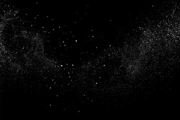 Distressed white grainy texture. Dust overlay textured. Grain noise particles. Snow effects pack. Rusted black background. Vector illustration, EPS 10. 