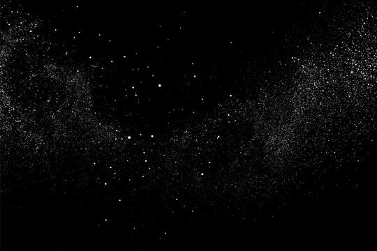 Distressed white grainy texture. Dust overlay textured. Grain noise particles. Snow effects pack. Rusted black background. Vector illustration, EPS 10. 